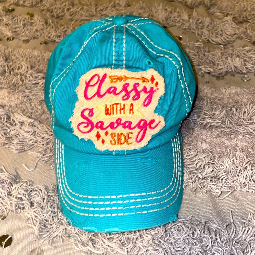 Cute, teal baseball style cap. "Classy with a side of savage"